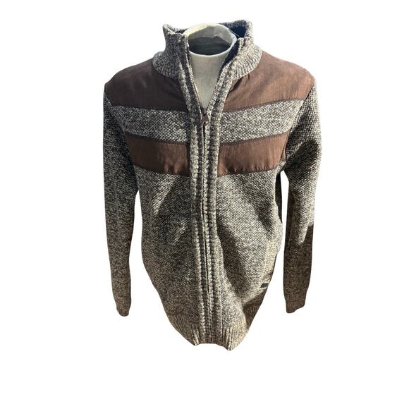 Buffalo David Bitton Men’s Knit Sweater Jacket L Brown Full Zip Faux Suede - Picture 1 of 5